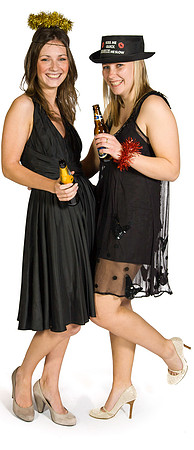 Two party girls wearing black dresses and holding bottles of beer