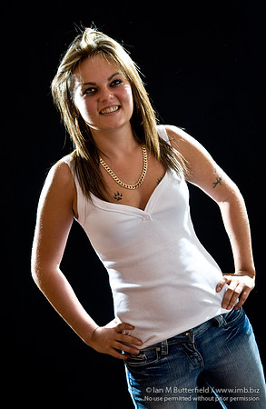 FA0718A-E07741 : Young woman wearing a white tope against a black background